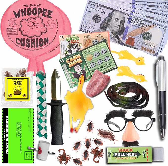 DEANCO Prank kit - 40 + Piece Set - Gags & Practical Joke Toys - Prank Stuff for April Fools - Ultimate Practical Jokes - Toys for Boys 8-10