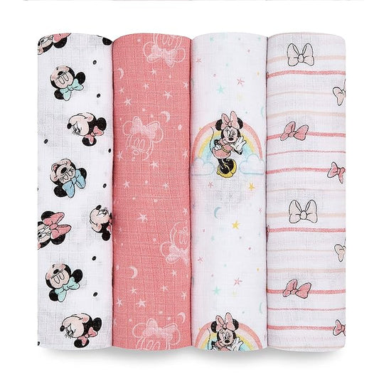 aden + anais Aden Swaddle Blanket, Muslin Blankets for Girls & Boys, Baby Receiving Swaddles, Ideal Newborn Gifts, Unisex Infant Shower Items, Wearable Swaddling Set, 4 Pk, Minnie Mouse Rainbows