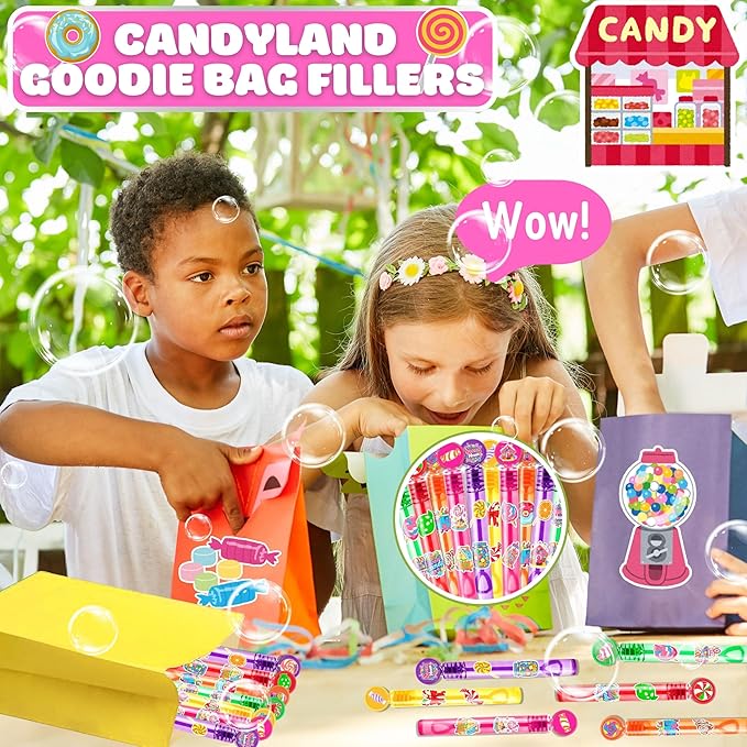 Candyland Party Favors for Kids – 24PCS Sweet-Themed Mini Bubble Wands, Great for Birthday Supplies, Pinata Fillers, Goodie Bags & Classroom Rewards