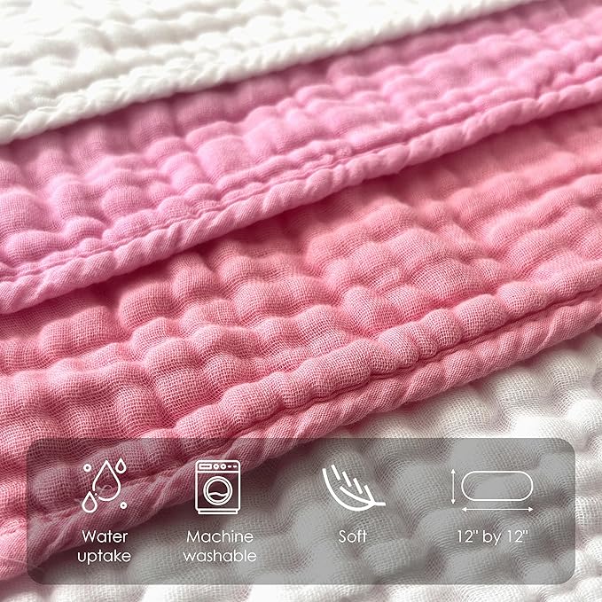 Sunny zzzZZ Baby Muslin Washcloths -100% Cotton Muslin Soft Baby Bath Wash Cloths and Absorbent Burp Cloths for Newborns Kids Girls and Boys -12 Pack, 12x12 Inches - White+Deep Sakura Series
