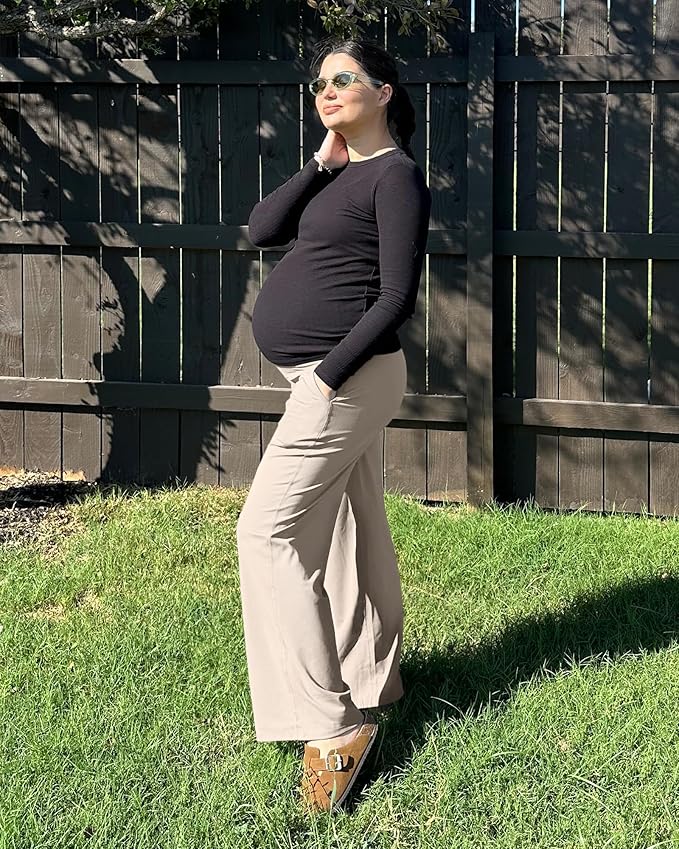 G4Free Maternity Pants Over The Belly Yoga Dress Work Pregnancy Pants Stretchy Lounge Wide Leg Trousers with Pockets