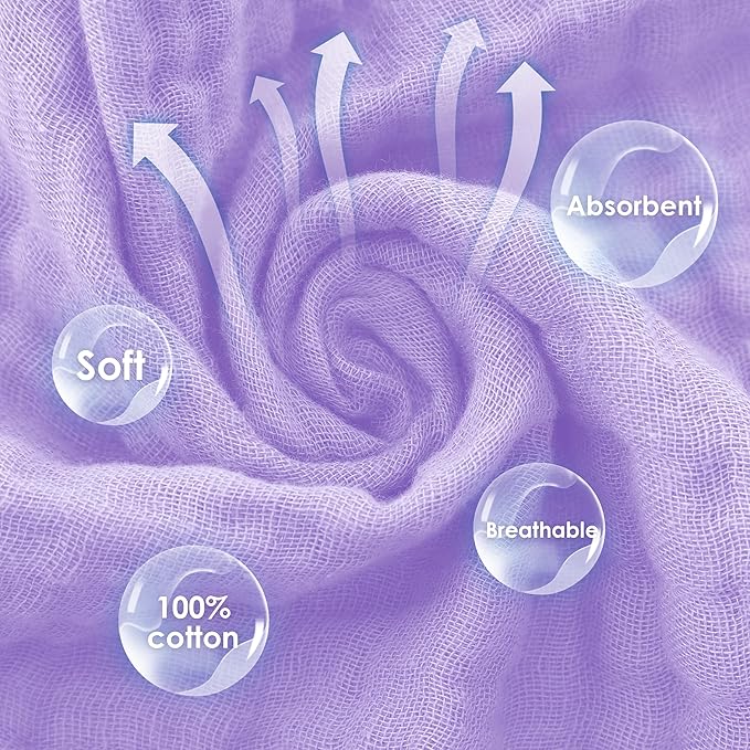 Cute Castle 12 Pack Muslin Baby Washcloths - Large 12'' by 12'' - Ultra Soft 100% Cotton - Super Absorbent Burp Cloths for Unisex, Boy, Girl -Purple