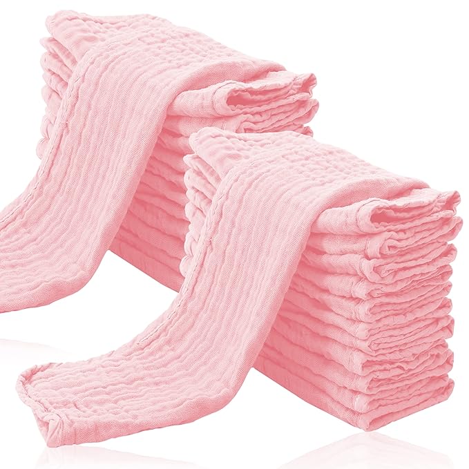 Cute Castle 24 Pack Muslin Burp Cloths for Baby - Ultra-Soft 100% Cotton Baby Washcloths - Large 20'' by 10'' Super Absorbent Milk Spit Up Rags - Burpy Cloths for Unisex, Boy, Girl - Pink