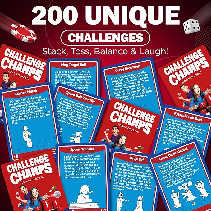 Action Party Game – 200 Skill Challenges for Team Building, Family Game Night | Complete Set for Adults, Teens, Kids 8+ with 10+ Accessories | Competitive Group Activity