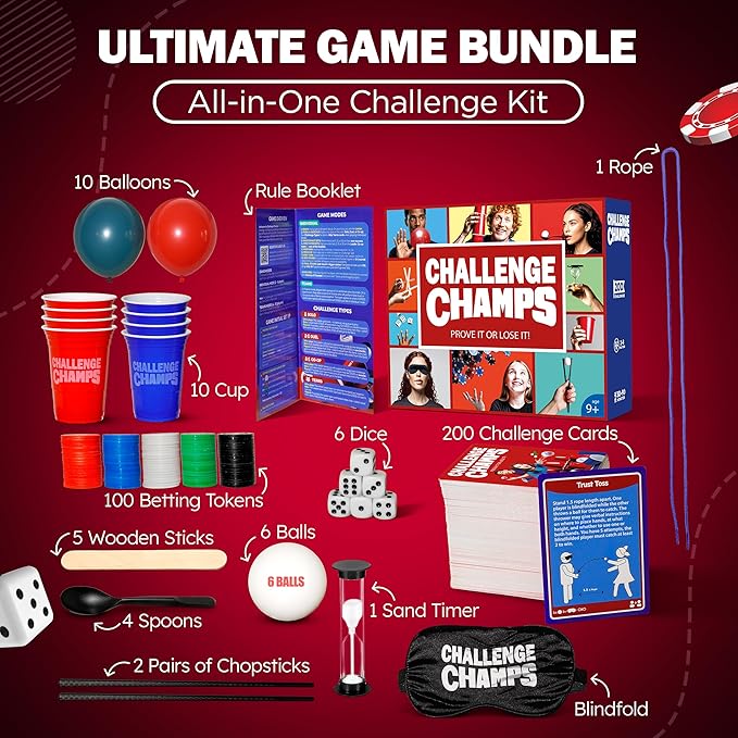 Action Party Game – 200 Skill Challenges for Team Building, Family Game Night | Complete Set for Adults, Teens, Kids 8+ with 10+ Accessories | Competitive Group Activity