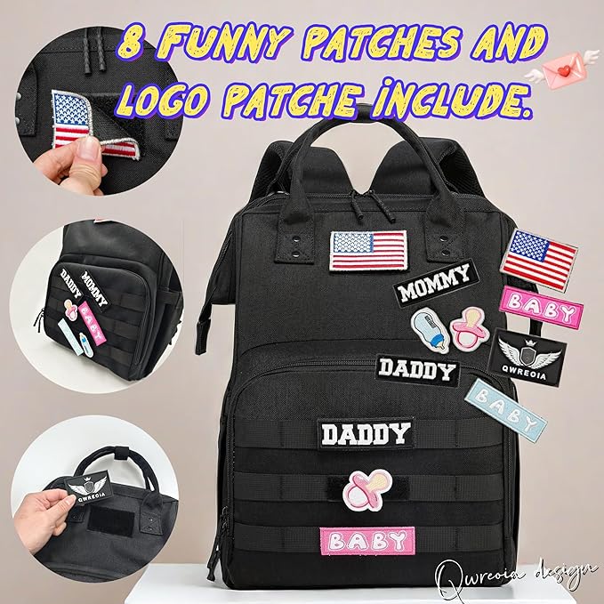 Diaper Bag Backpack for Dad and Mom with USB Charging Port Stroller Straps and Insulated Pocket,army military Travel Nappy Backpack for Daddy/Mommy (Black)