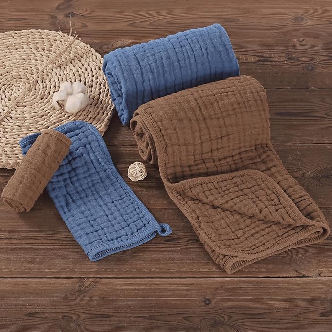 4-Piece Muslin Baby Towel Set - 100% Organic Cotton, (2) 6-Layer 32x32 Towels & (2) Washcloths, Bath, Beach & Pool Gift Set (Coffee & Blue)