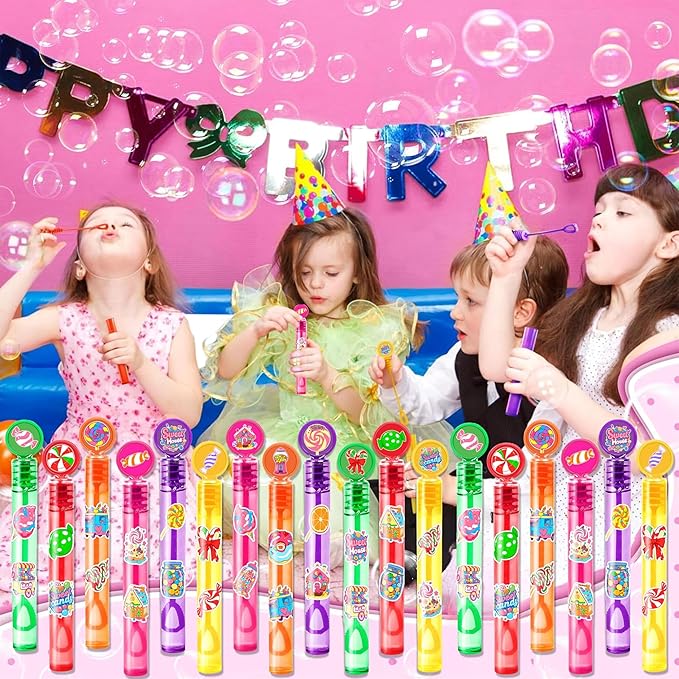 Candyland Party Favors for Kids – 24PCS Sweet-Themed Mini Bubble Wands, Great for Birthday Supplies, Pinata Fillers, Goodie Bags & Classroom Rewards