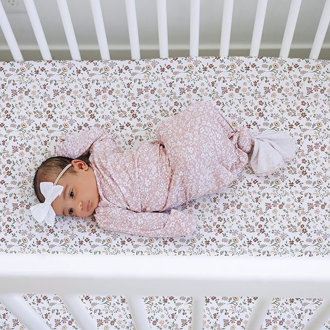 Crib Sheets Neutral - Fitted Baby Crib Sheets Bed for Girl Boy - 2 Pack Standard & Toddler Mattress - Buttery Soft Organic Cotton Blend (Fleurette)