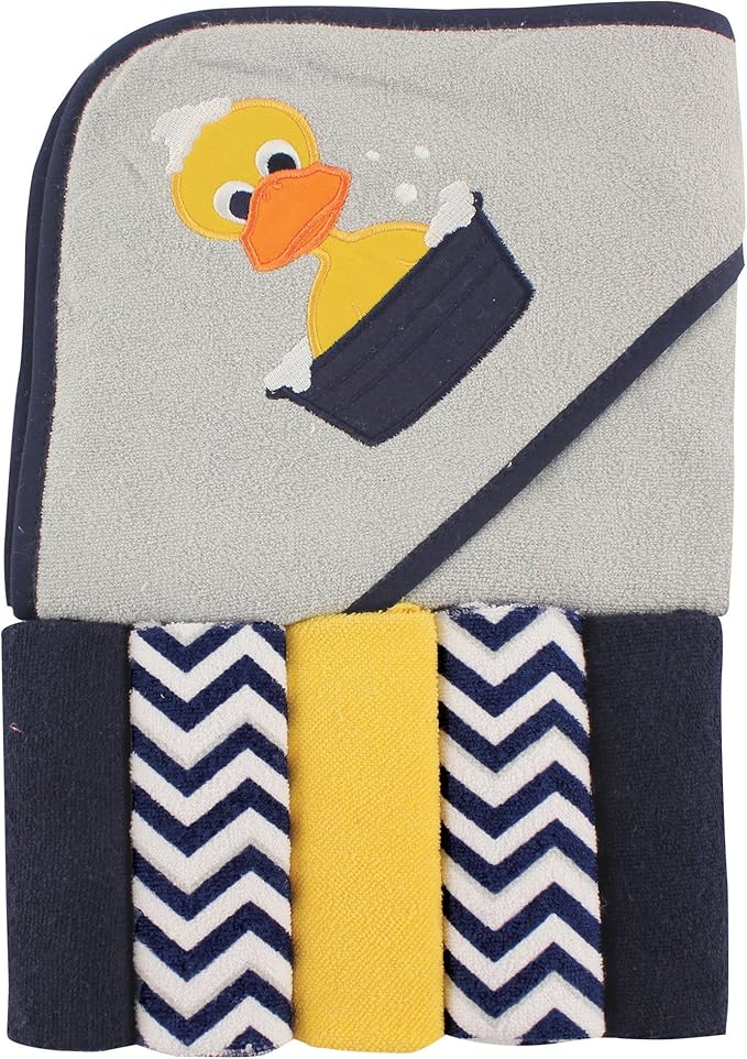 Luvable Friends Unisex Baby Hooded Towel with Five Washcloths,cotton,polyester, Duck, One Size