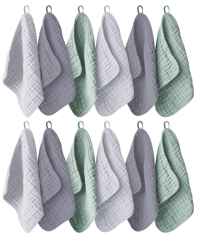 12 Pack Muslin Washcloths for Baby - 100% Cotton Baby Wash Cloths for or Baby Face Body Comfy and Soft for Newborn Infants Kids Girls and Boys - 12"x12" - Grey, Green and Slate