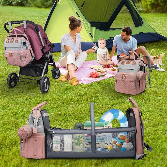 Baby Diaper Bags with Changing Station, Large Capacity Diaper Bag Backpack for Moms Dads with USB Charging Port,Travel Baby Bag with Pacifier Case,Baby Essentials(Up-PinkGrey)