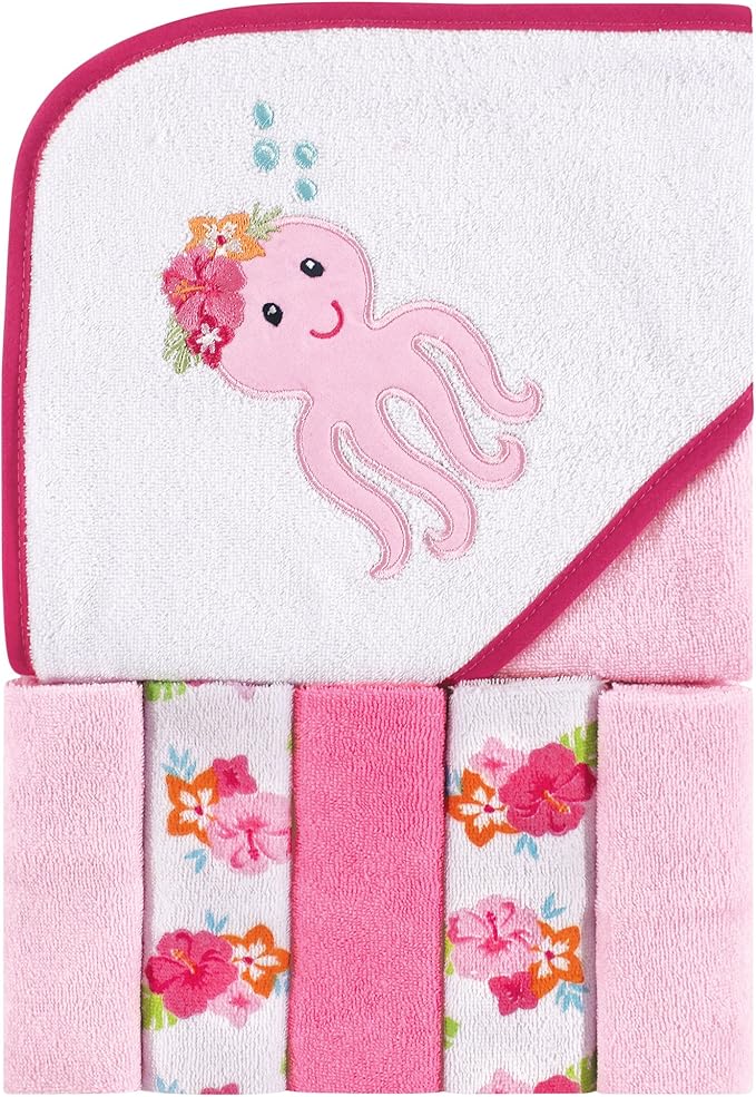 Luvable Friends Unisex Baby Hooded Towel with Five Washcloths, Tropical Octopus, One Size