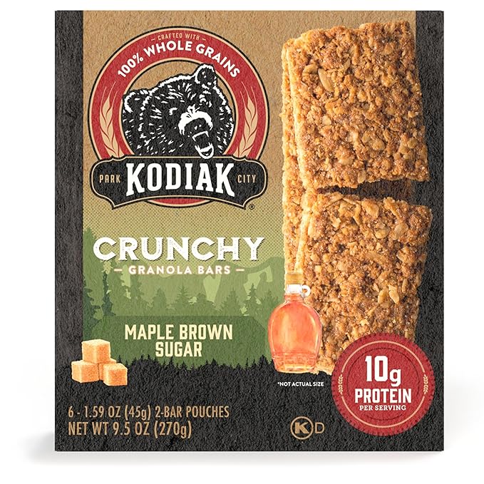 Kodiak Cakes Crunchy Granola Protien Snack Bars, Maple Brown Sugar, High Protein, 100% Whole Grains, 12 boxes with 6 pouches (144 bars)