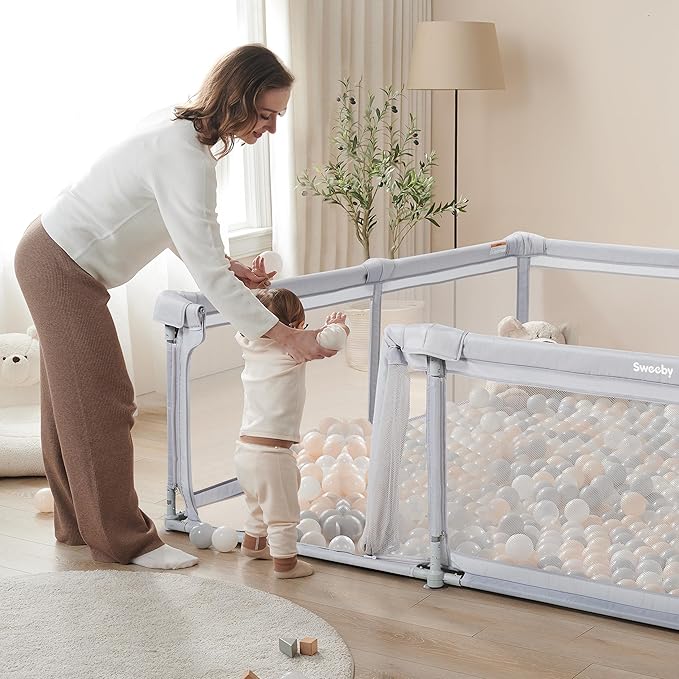Sweeby Baby Playpen, 79x71 Inch Foldable Playpens for Babies and Toddlers with Gate, Extra Large Playpen with Door Play Yard for Baby Fence Indoor and Outdoor Portable Play Pen,LightGrey
