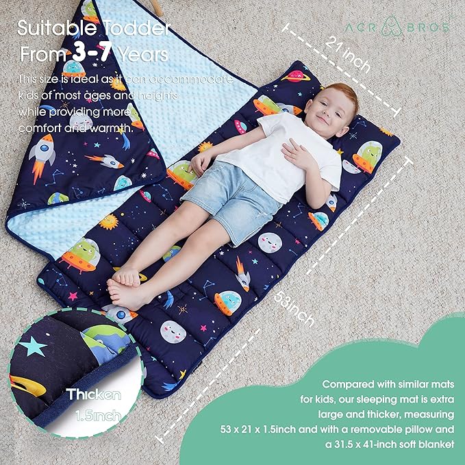 ACRABROS Toddler Nap Mat with Pillow and Blanket, Large Rolled Napping Mats,Slumber Bags for Boys Girls,Kids Sleeping Bag for Daycare, Preschool Travel