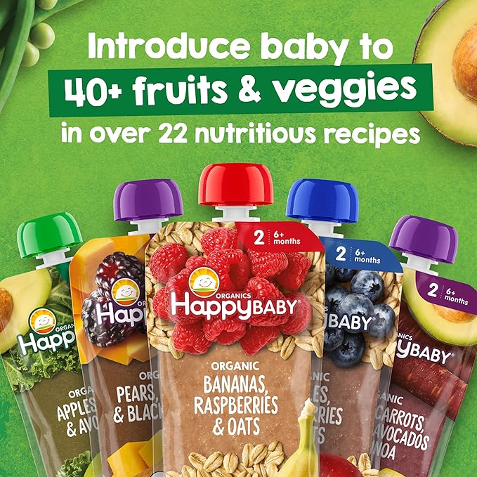 Happy Baby Organics Stage 2 Baby Food Pouches with One Full Serving of Veggies, Nutritious Snack, Clearly Crafted Fruit & Veggie Puree, Sweet Potatoes, Blueberries, & Beets, 4 Ounces - 16 Pack