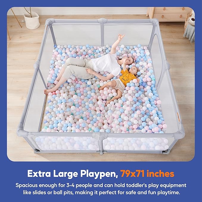 Sweeby Baby Playpen, 79x71 Inch Foldable Playpens for Babies and Toddlers with Gate, Extra Large Playpen with Door Play Yard for Baby Fence Indoor and Outdoor Portable Play Pen,LightGrey