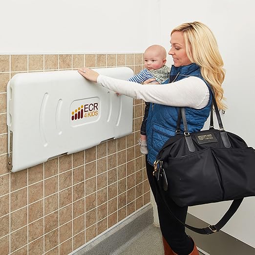 ECR4Kids Horizontal Wall-Mounted Changing Station with 500 Sanitary Liners, Baby Changer, White Granite