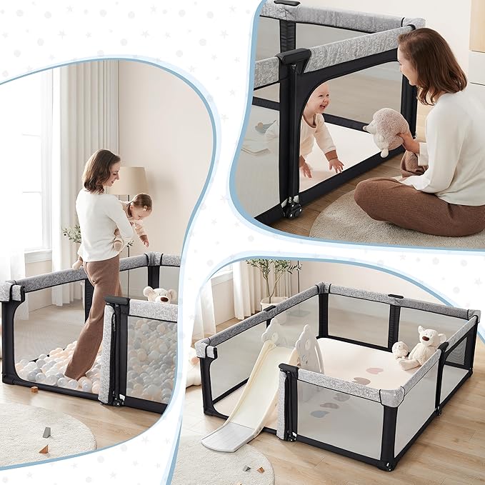 Sweeby Baby Playpen, 79x71 Inch Foldable Playpens for Babies and Toddlers with Gate, Extra Large Playpen with Door Play Yard for Baby Fence Indoor and Outdoor Play Pen, Obsidian Black
