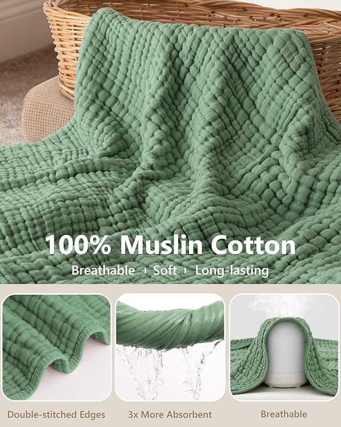 Baby Bath Towels, 100% Muslin Cotton Hooded Baby Towels for Newborn, 2 Pack Baby Towels with Hood for Infant Toddler and Kids, Large 32x32Inch Unisex Bath Essentials, Soft and Absorbent