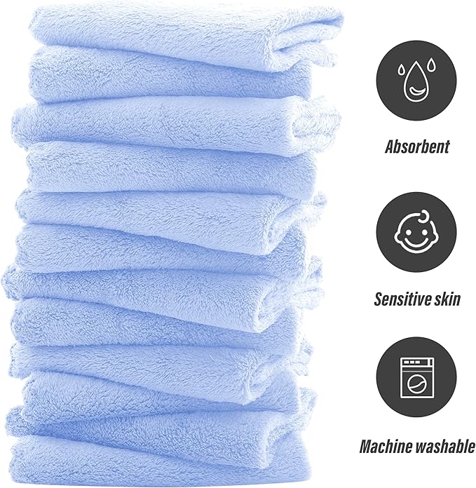 Sunny zzzZZ Ultra Soft 24 Pack Baby Washcloths - 10x10 Inches - Coral Fleece Extra Absorbent Wash Clothes for Babies, Infants and Toddlers - Sensitive Skin and Newborn - Ideal Baby - Sky Blue