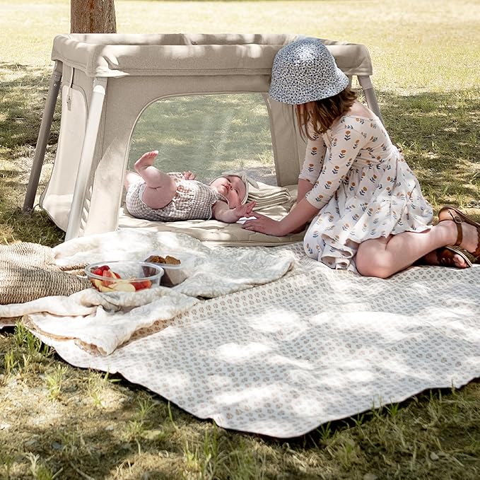 Newton Baby Compact Travel Crib & Play Yard | Breathable & Washable Mattress, Foldable Carry-On Size, Backpack Straps, Newton Bassinet Attachment NOT Compatible - Sand