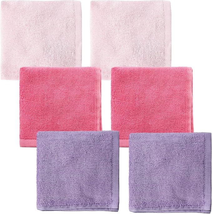 6 Pack Baby Girl Washcloths Bulk for Newborn, Extra Soft Face Bath Towel for Toddler, Absorbent Kids Wash Rag for Body, 70% Rayon Derived from Bamboo, 30% Cotton, 10"x10", Purple/Pink/Rose