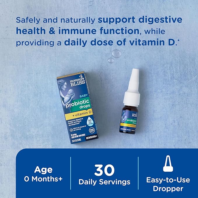 Mommy's Bliss Baby Probiotic Drops + Vitamin D, Supports Digestive Health and Immunity, 400IU Vitamin D for Healthy Bone Development, Newborns +, Flavorless, 0.34 Fl Oz (30 Servings) (Pack of 2)