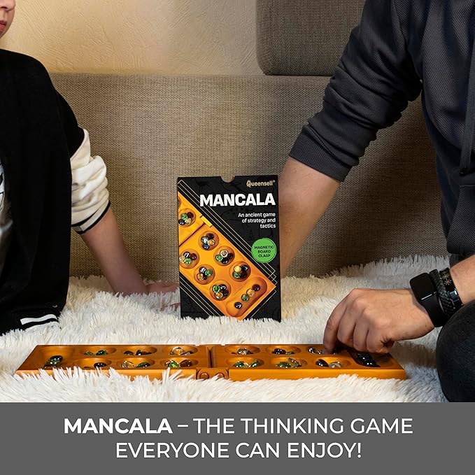 Mancala Board Game with Magnetic Lock – Classic 2-Player Folding Game – Wooden Mancala Set with 56 Glass Pebbles – Mancala Game for Kids and Adults