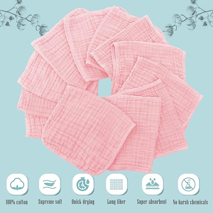 Cute Castle 24 Pack Muslin Burp Cloths for Baby - Ultra-Soft 100% Cotton Baby Washcloths - Large 20'' by 10'' Super Absorbent Milk Spit Up Rags - Burpy Cloths for Unisex, Boy, Girl - Pink