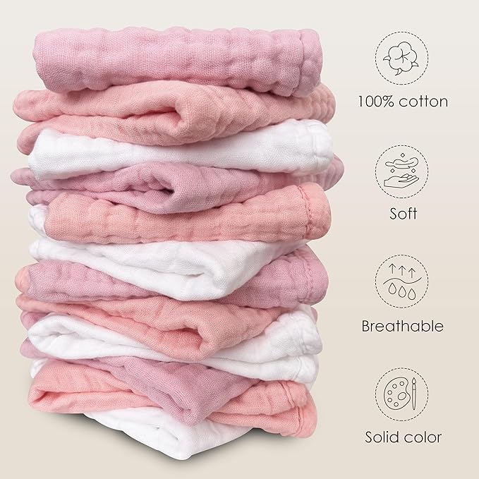 Sunny zzzZZ Baby Muslin Washcloths -100% Cotton Muslin Soft Baby Bath Wash Cloths and Absorbent Burp Cloths for Newborns Kids Girls and Boys -12 Pack, 12x12 Inches - White+Light Sakura Series