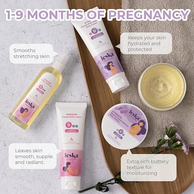 Leska Pregnancy Stages A & B Set | Belly Lotion, Belly Oil, Stretch Mark Defense Cream & Butter | Pregnant Mom Months 1-9 | Part of a Complete 3-Stage Pregnancy Skincare System (Set of 4, 4-4.93oz)