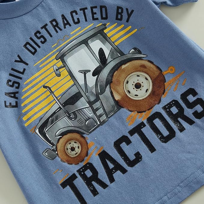 Toddler Baby Boy Clothes Summer Short Sleeve Trucks Tractors Print T-Shirt Tops Solid Color Shorts Set Casual Outfit