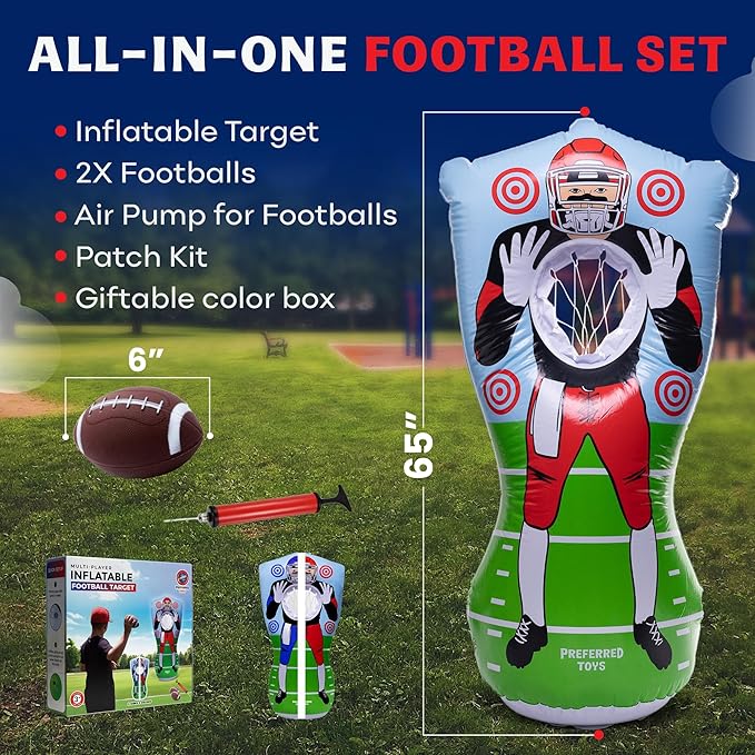 Inflatable Football Target – Double-Sided Toss Training Game with Mini Footballs – Super Bowl Party Game for Kids and Adults – Indoor & Outdoor Backyard Fun – 65 Inch