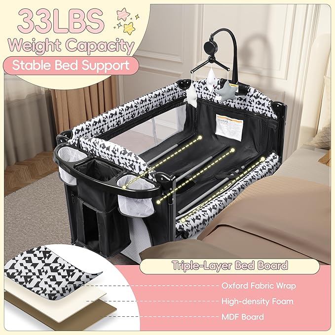 Xilingol 5-in-1 Baby Bassinet Bedside Sleeper, Baby Pack and Play with Changing Table, Portable Crib with Carry Bag, Cosleeper Bassinet Attach to Bed for Newborn to Toddlers