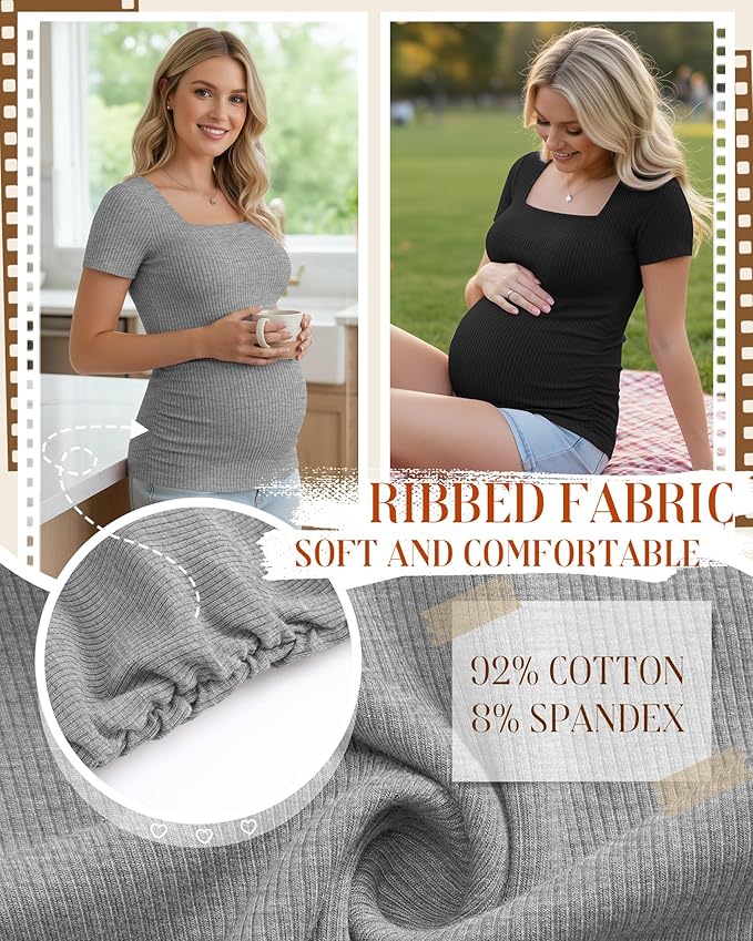 Huukeay 4 Pack Women's Maternity Shirts Cotton Ribbed Short Sleeve Square Neck Pregnancy Tops Side Ruched Summer Tee