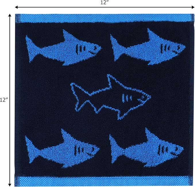ORIGINAL KIDS Wash Cloth - Bath Time Shark Attack Set of 12 Washcloths - 100% Cotton Jacquard Super Soft Colorful Absorbent Quick Dry Easy Care Face Towel Face Cloth Gift - 12 x 12 - Navy Blue