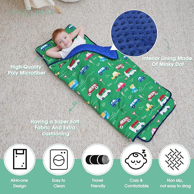 ACRABROS Toddler Nap Mat with Pillow and Blanket, Large Rolled Napping Mats,Slumber Bags for Boys Girls,Kids Sleeping Bag for Daycare, Preschool Travel