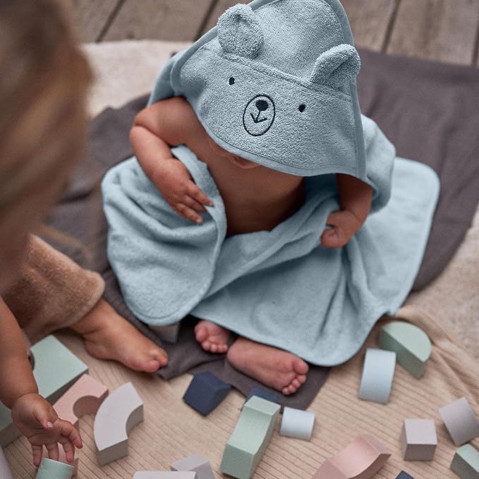 Baby Hooded Towel – Organic Cotton Baby Bath Towels, 32" x 32" Super-Soft and Absorbent Baby Towels for Newborn 2-Pack (Bear Fog/Baby Blue)