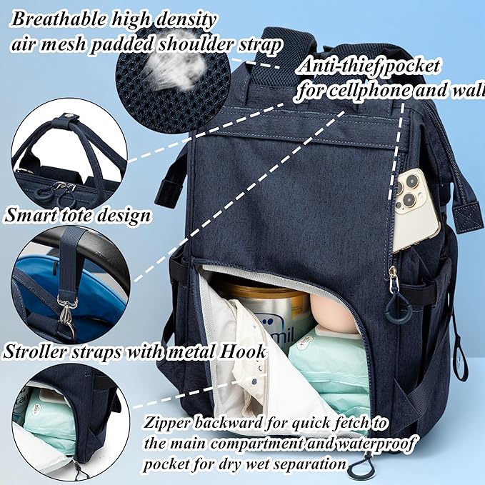 Diaper Bag Backpack for Dad and Mom with USB Charging Port Stroller Straps and Insulated Pocket,army military Travel Nappy Backpack for Daddy/Mommy (Navy)