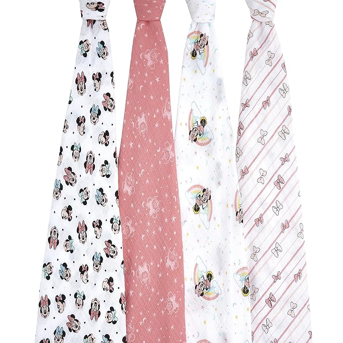 aden + anais Aden Swaddle Blanket, Muslin Blankets for Girls & Boys, Baby Receiving Swaddles, Ideal Newborn Gifts, Unisex Infant Shower Items, Wearable Swaddling Set, 4 Pk, Minnie Mouse Rainbows