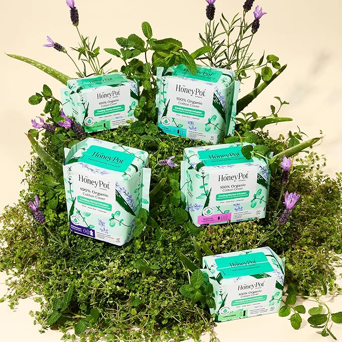 The Honey Pot Company - 80ct - Herbal Sanitary Pads for Women - Regular Flow w/Wings - Infused w/Essential Oils for Cooling Effect & Organic Cotton Cover - Feminine Care