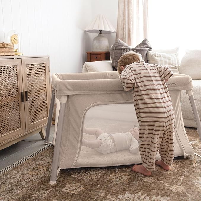 Newton Baby Compact Travel Crib & Play Yard | Breathable & Washable Mattress, Foldable Carry-On Size, Backpack Straps, Newton Bassinet Attachment NOT Compatible - Sand