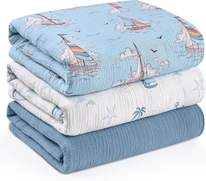 Muslin Swaddle Blankets for Newborn, 3 Pack Breathable Soft Receiving Blanket, Large 38 x 40 inches Swaddle Wrap Burping Clothes, Essentials Infant Shower Items, Toddler Gift (Blue Sea)
