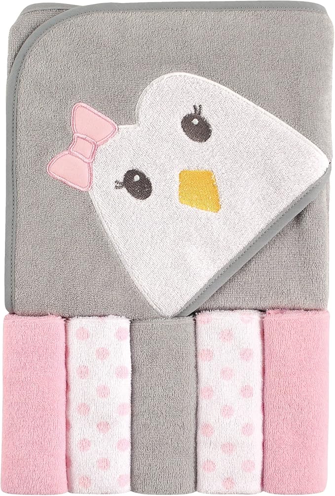 Luvable Friends Unisex Baby Hooded Towel with Five Washcloths,Cotton,Polyester, Penguin, One Size