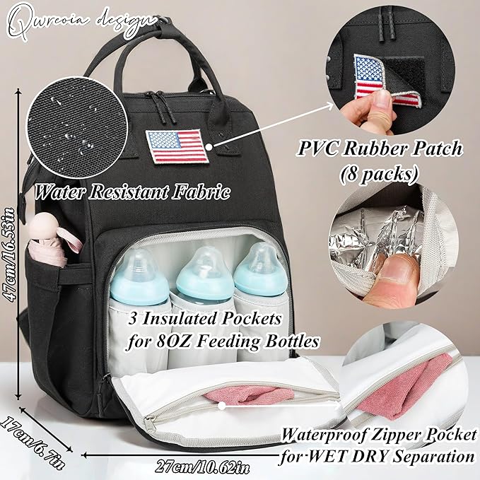 Diaper Bag Backpack for Dad and Mom with USB Charging Port Stroller Straps and Insulated Pocket,army military Travel Nappy Backpack for Daddy/Mommy (Black)