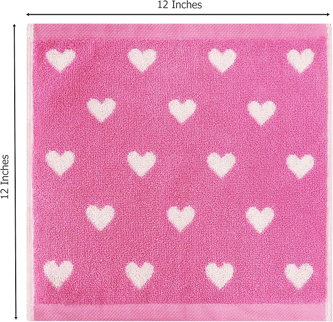 ORIGINAL KIDS Wash Cloth - Bath Time Hearts 12 Pack Washcloth Set - 100% Cotton Jacquard Colorful Absorbent Quick Dry Face Towel - Super Soft Face Cloth 12x12 inches - Pink White
