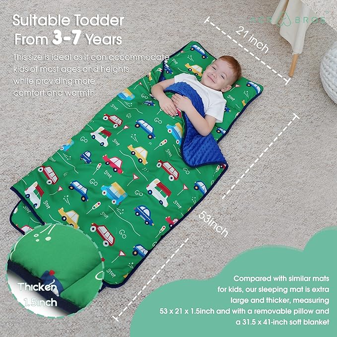 ACRABROS Toddler Nap Mat with Pillow and Blanket, Large Rolled Napping Mats,Slumber Bags for Boys Girls,Kids Sleeping Bag for Daycare, Preschool Travel