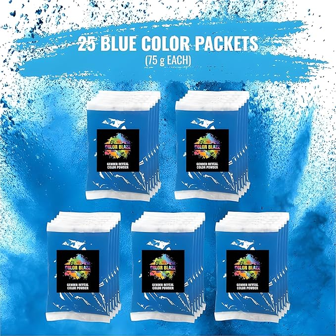 Color Blaze Baby Gender Reveal Color Powder Packets - 75 g Each - 25 Packs of Blue Colored Powder for Boy - for Car & Motorcycle Burnout, Exhaust, Color Toss, Photoshoot, Party & Festival - Blue